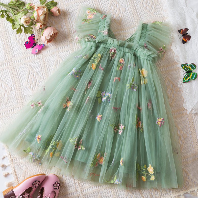 Korean Flower Embroidery Chiffon Skirt for Girls
