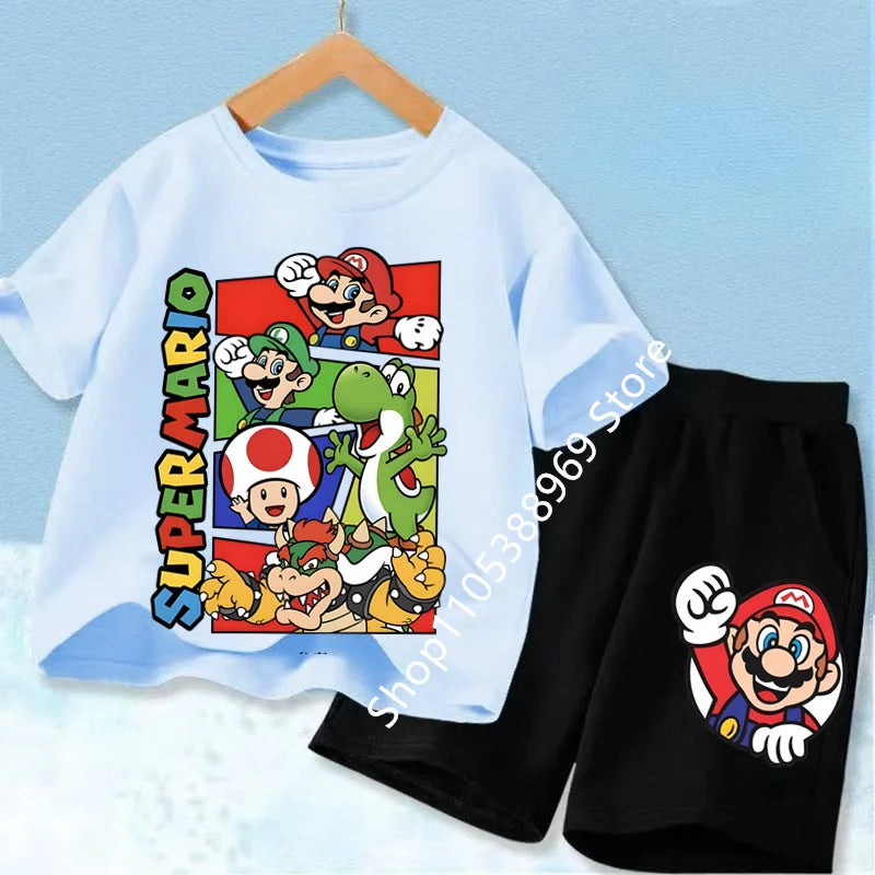 Summer Mario Print T-Shirt and Shorts Set for Kids