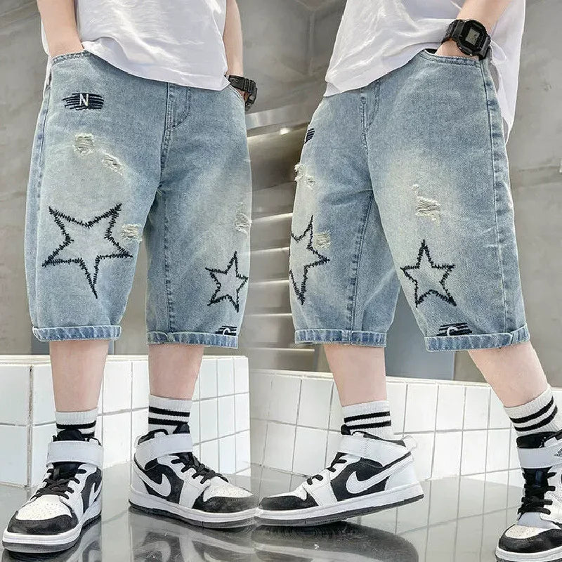 Boys Denim Shorts Blue Casual Knee Length Pants 5-14 Years