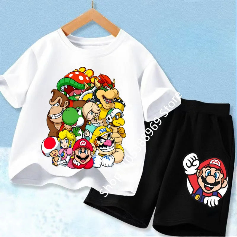 Summer Mario Print T-Shirt and Shorts Set for Kids