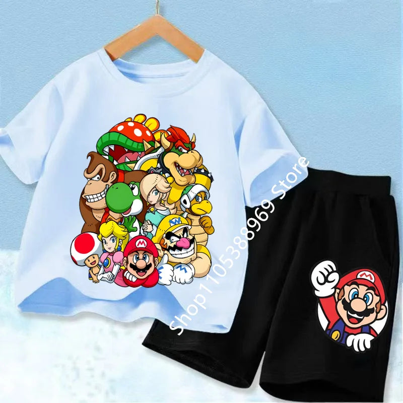 Summer Mario Print T-Shirt and Shorts Set for Kids