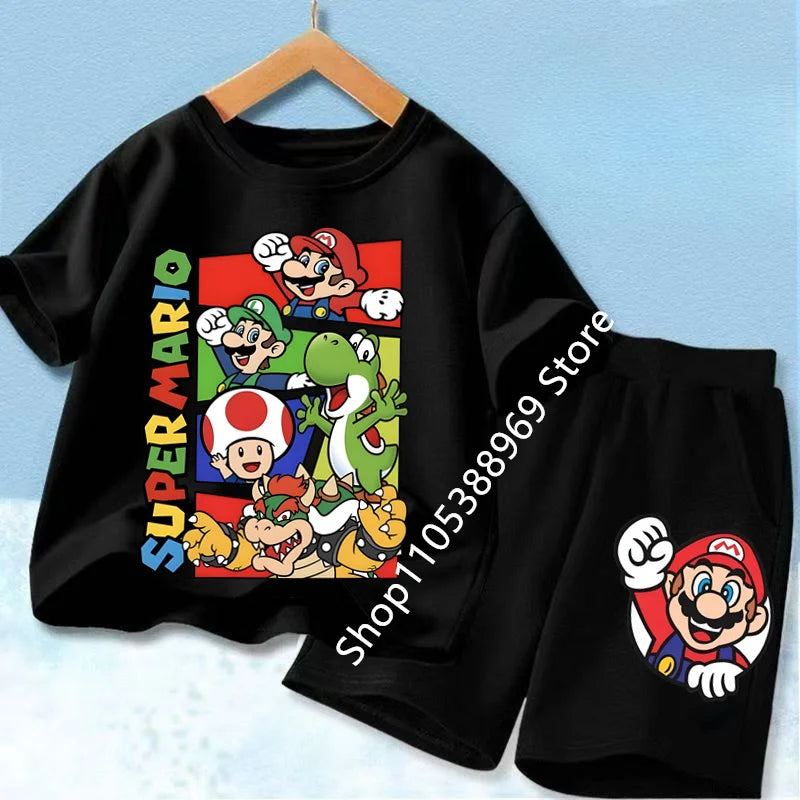 Summer Mario Print T-Shirt and Shorts Set for Kids
