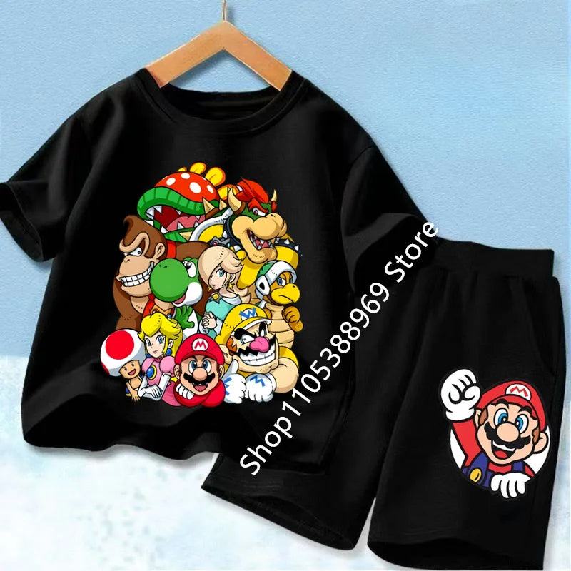 Summer Mario Print T-Shirt and Shorts Set for Kids