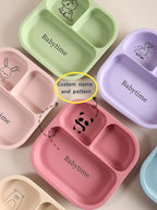 Spill-Proof 3-Section Suction Plate | Custom Name & Fun Cartoon Designs for Toddlers baby silicone square plate