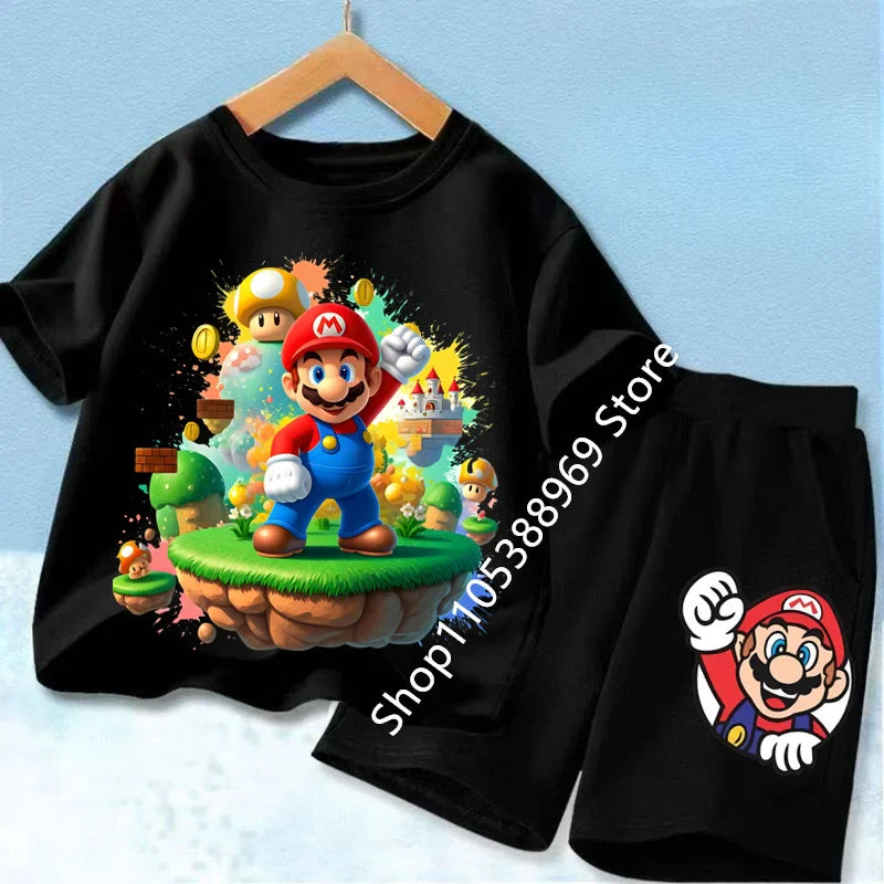 Summer Mario Print T-Shirt and Shorts Set for Kids