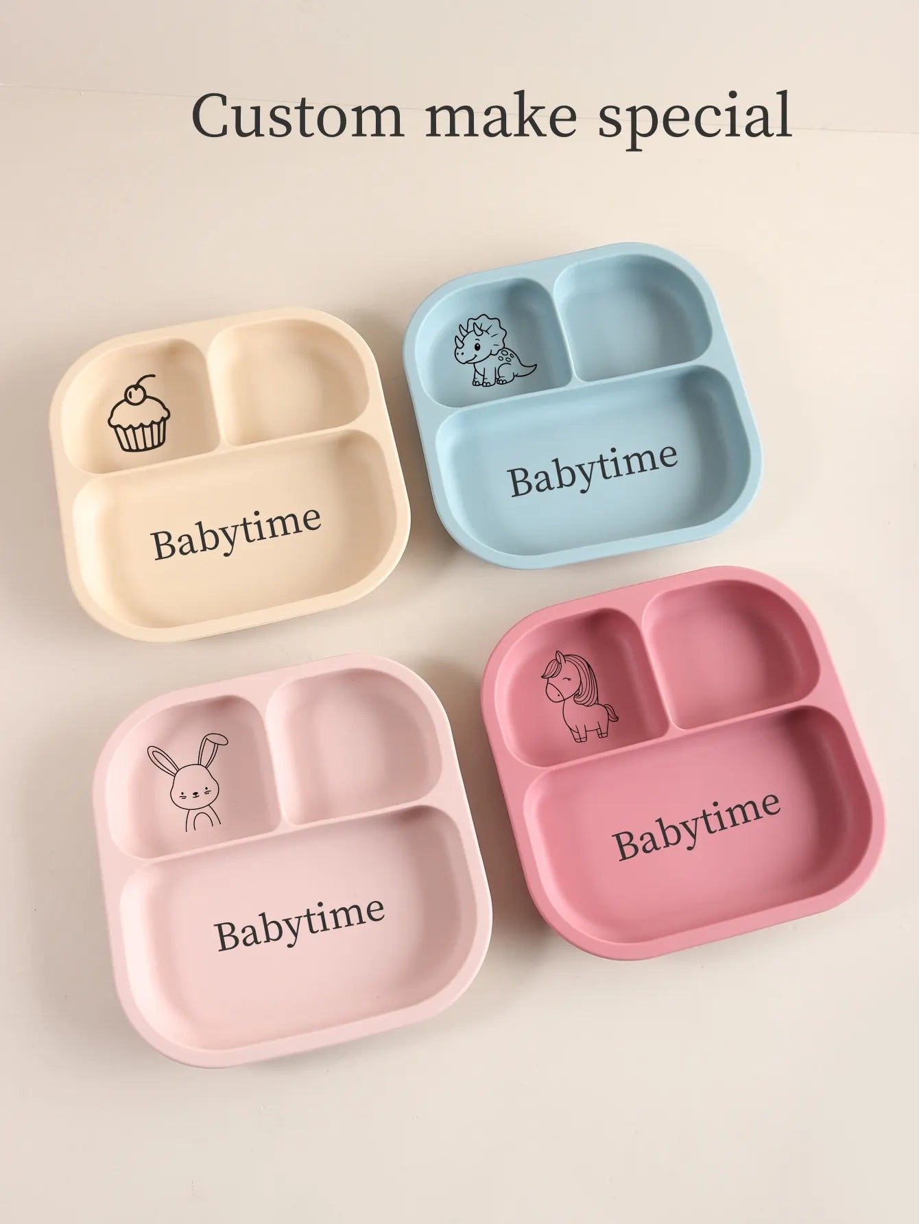 Spill-Proof 3-Section Suction Plate | Custom Name & Fun Cartoon Designs for Toddlers baby silicone square plate