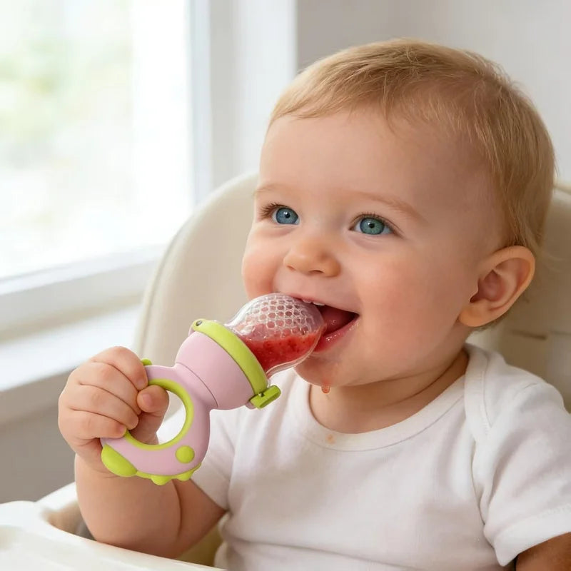 Cute animal rotating and pressing baby food dispenser, infant and toddler baby food pacifier, food-grade silicone fruit feeder,