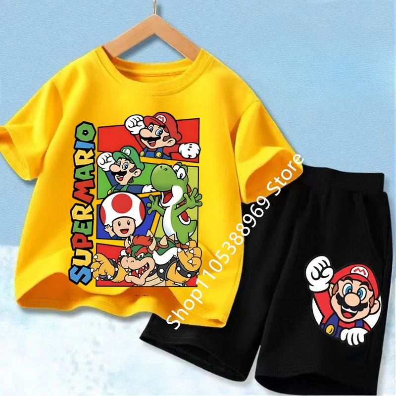 Summer Mario Print T-Shirt and Shorts Set for Kids