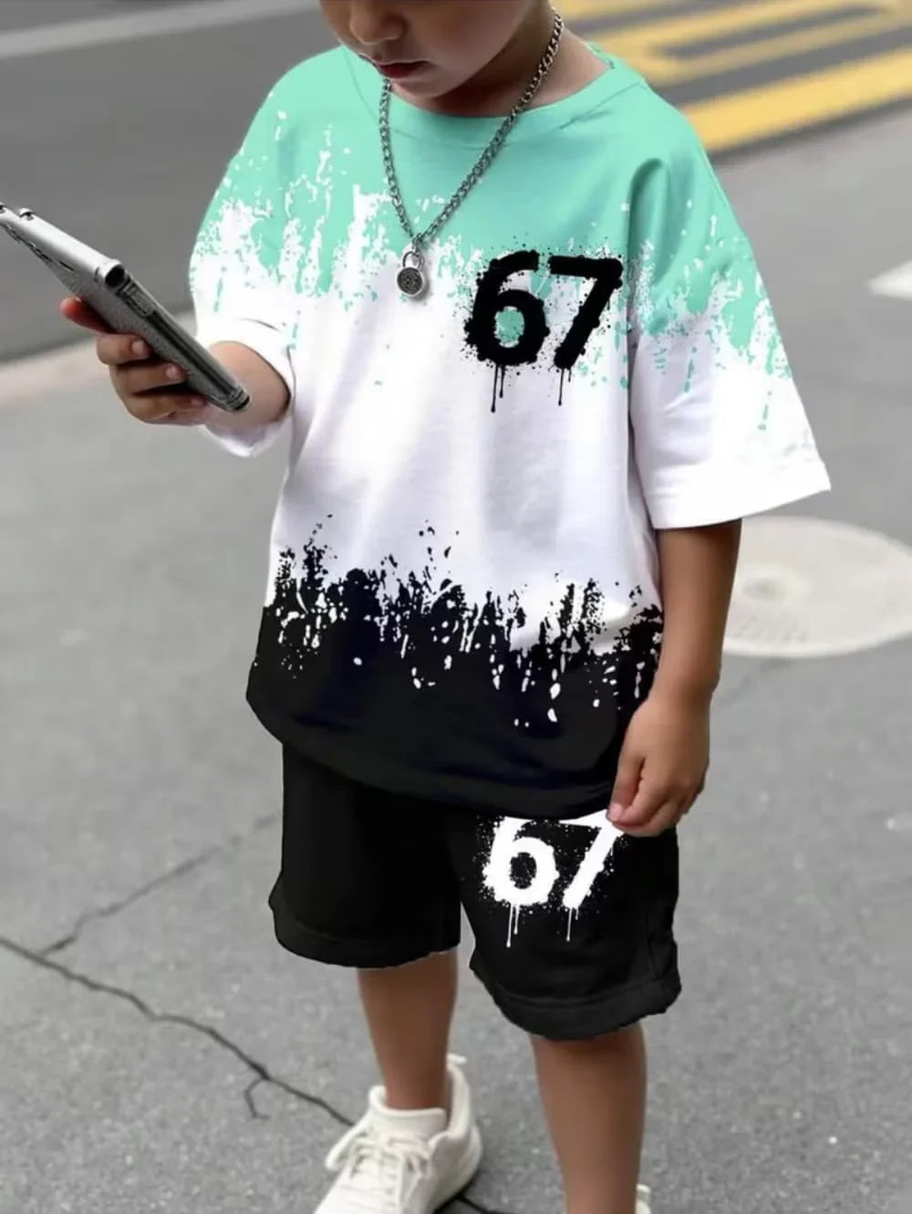 Kids Short Sleeved Suit 67 Number Print T-Shirt and Shorts Set