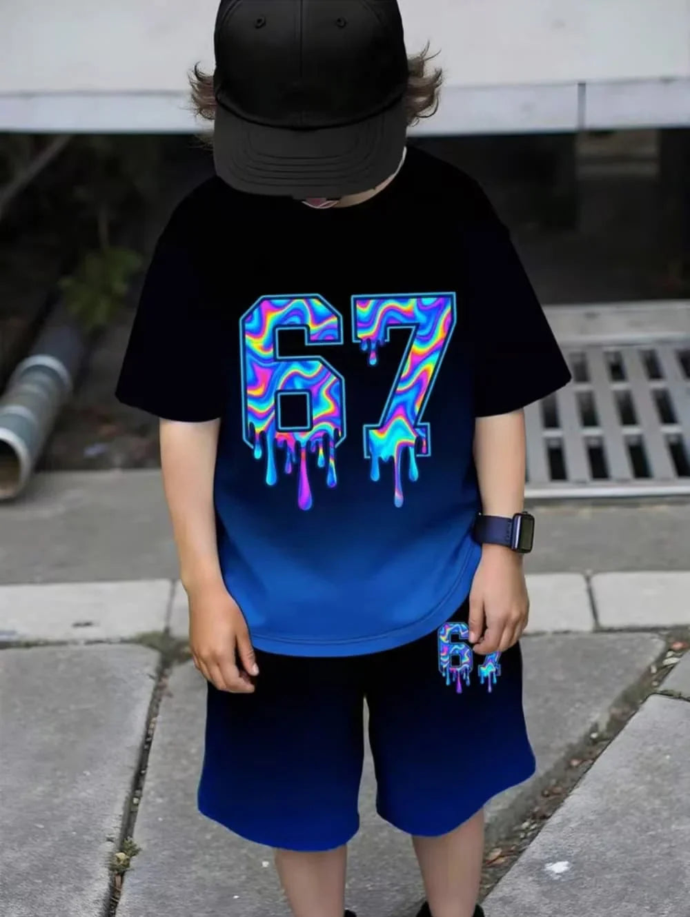 Kids Short Sleeved Suit 67 Number Print T-Shirt and Shorts Set