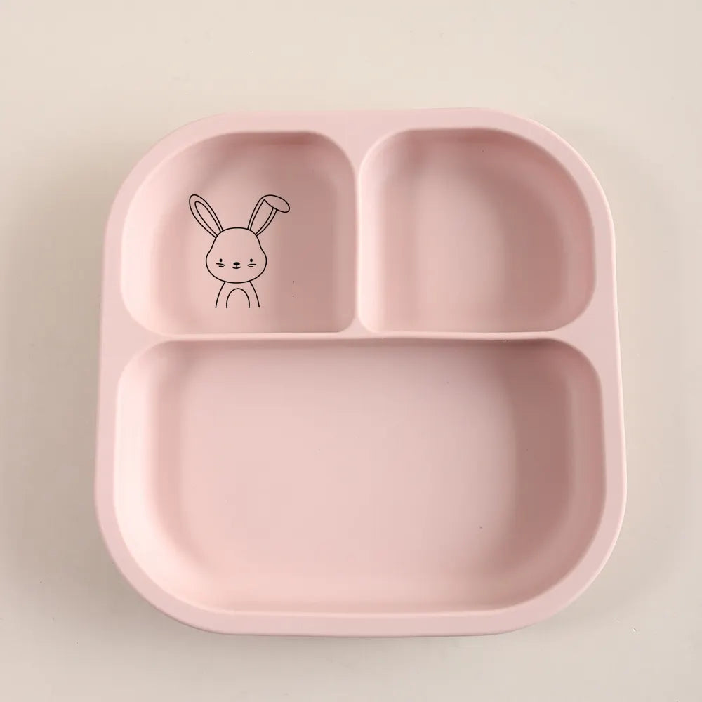 Spill-Proof 3-Section Suction Plate | Custom Name & Fun Cartoon Designs for Toddlers baby silicone square plate