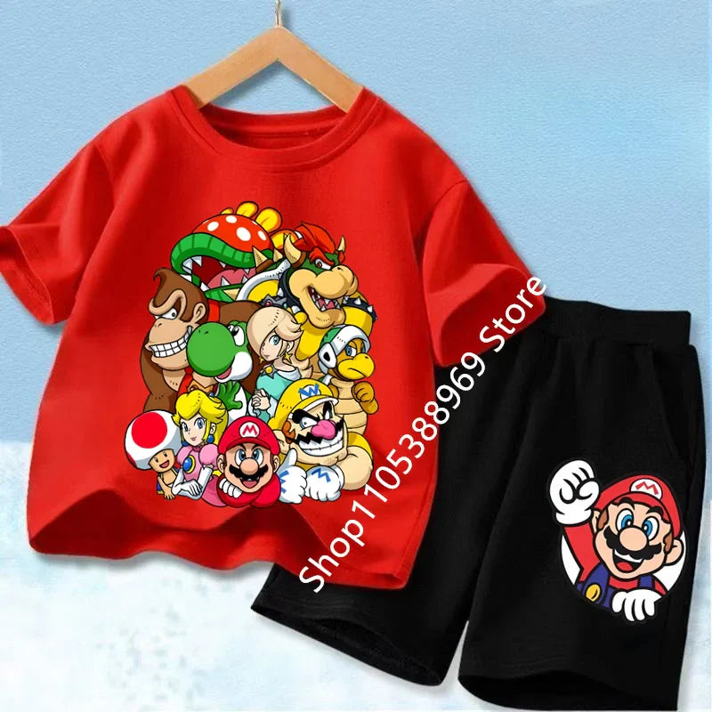 Summer Mario Print T-Shirt and Shorts Set for Kids