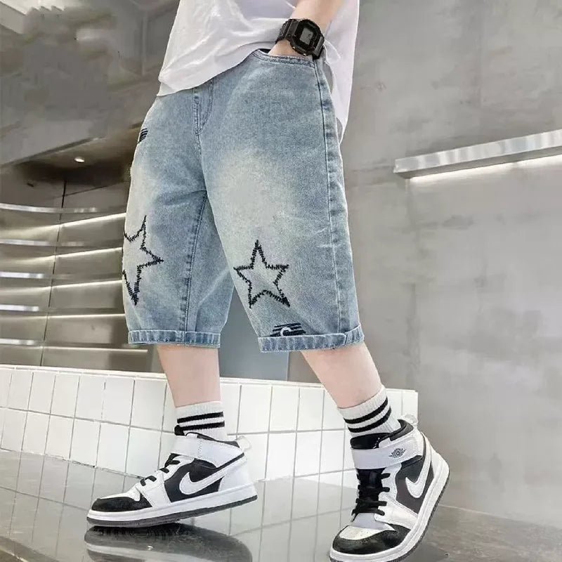 Boys Denim Shorts Blue Casual Knee Length Pants 5-14 Years