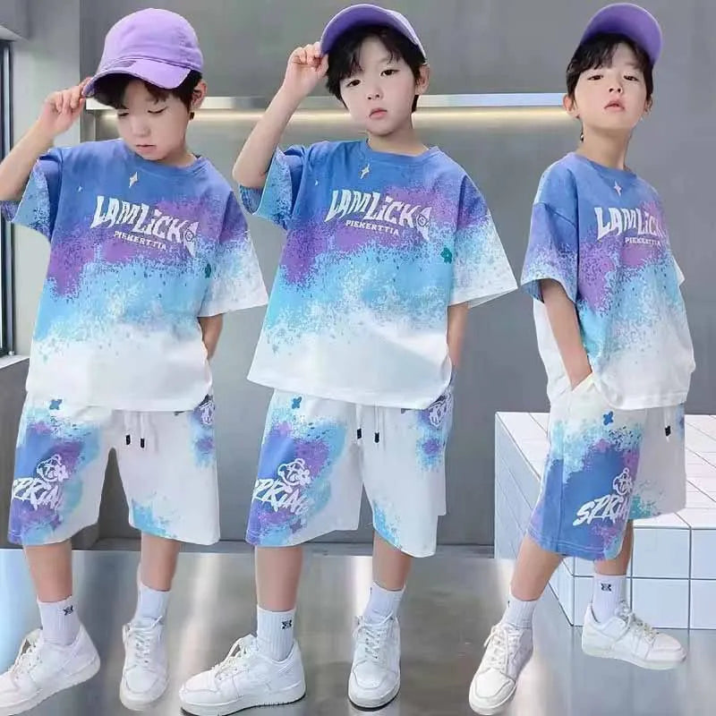 Boys Casual Summer Gradient T-Shirt and Shorts Set