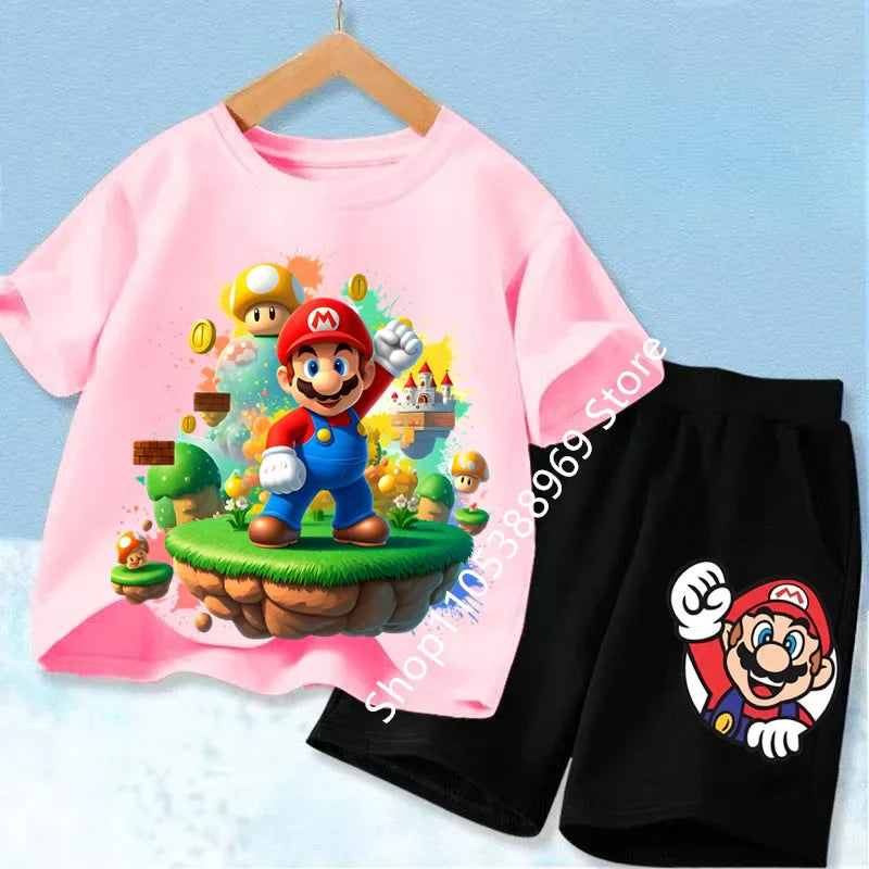 Summer Mario Print T-Shirt and Shorts Set for Kids