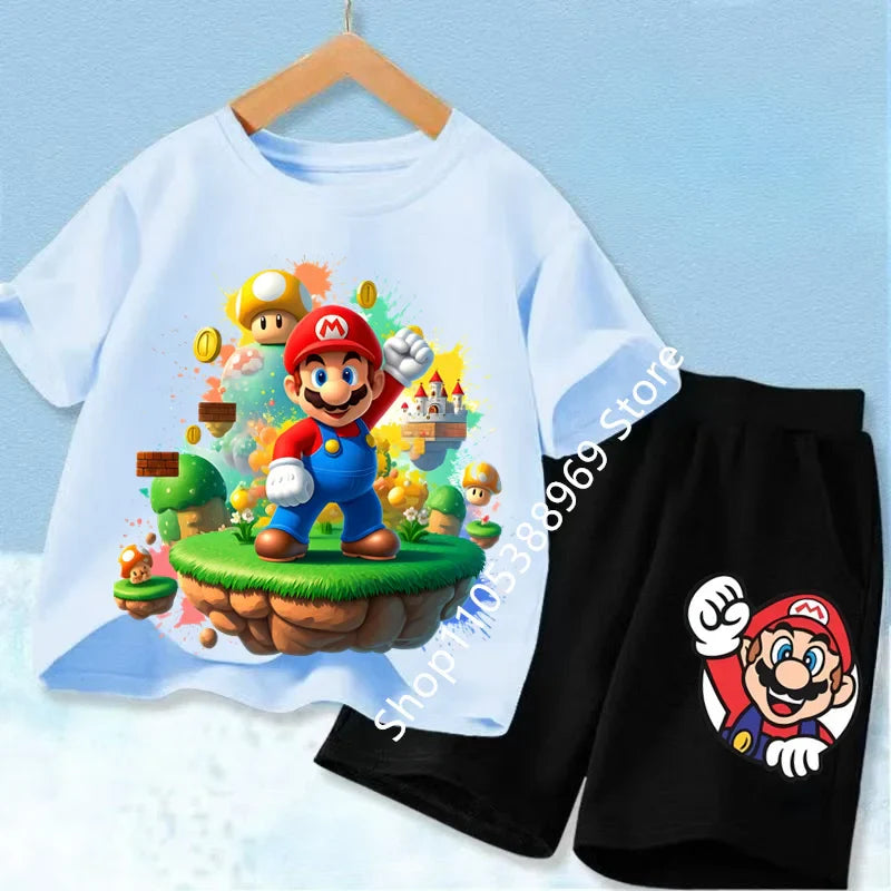 Summer Mario Print T-Shirt and Shorts Set for Kids