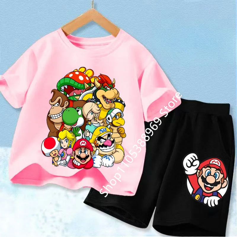 Summer Mario Print T-Shirt and Shorts Set for Kids