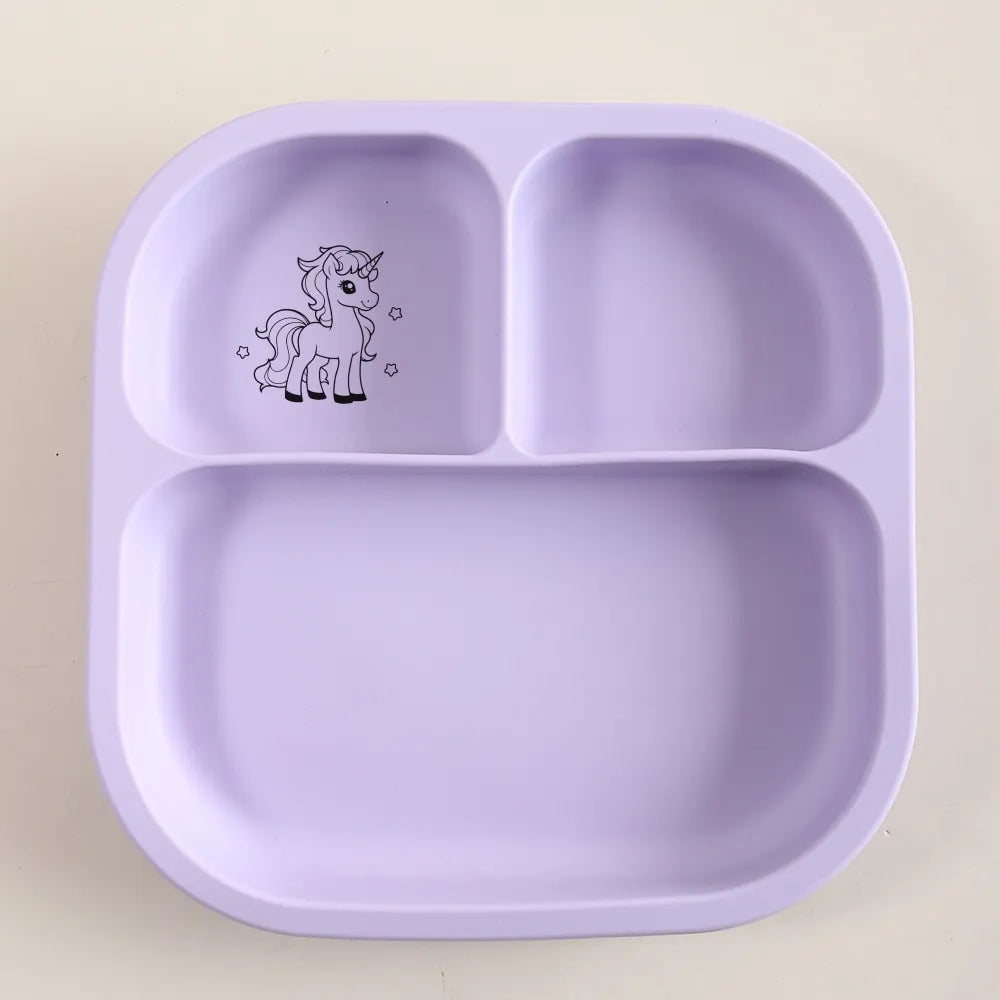 Spill-Proof 3-Section Suction Plate | Custom Name & Fun Cartoon Designs for Toddlers baby silicone square plate
