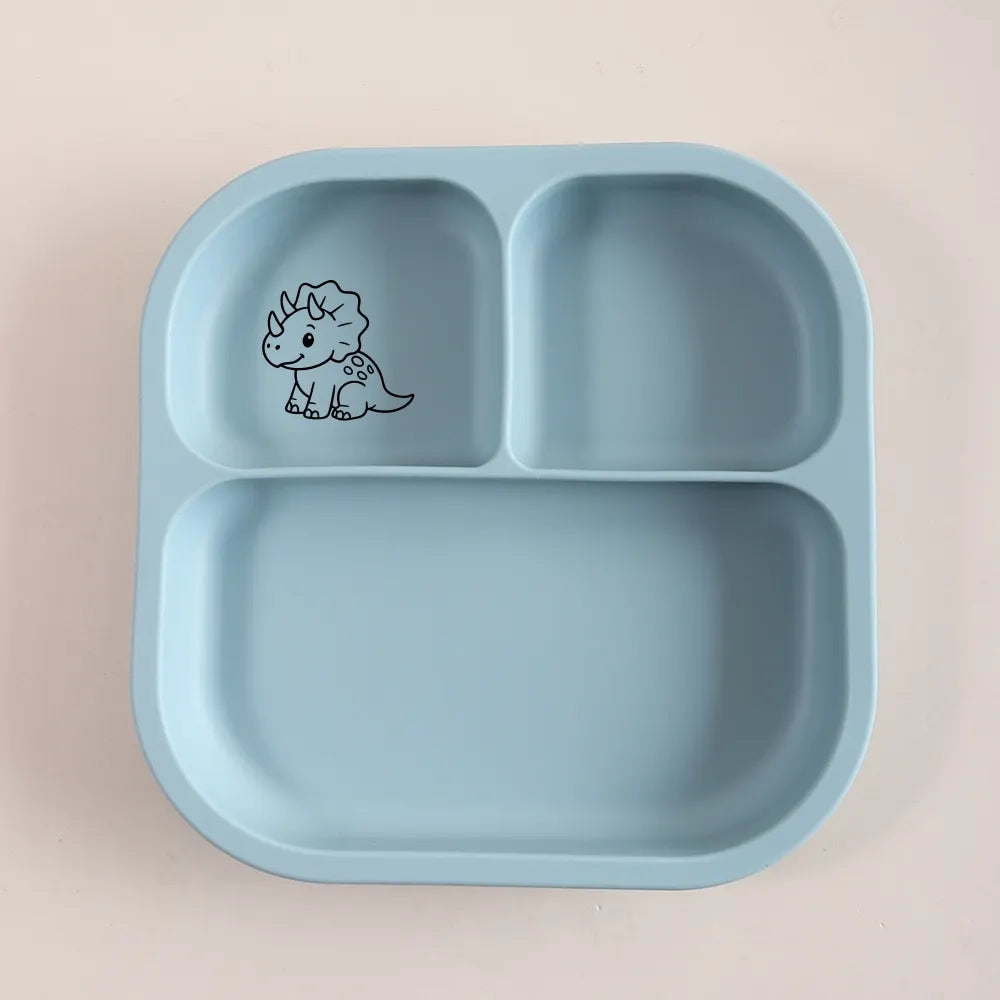 Spill-Proof 3-Section Suction Plate | Custom Name & Fun Cartoon Designs for Toddlers baby silicone square plate
