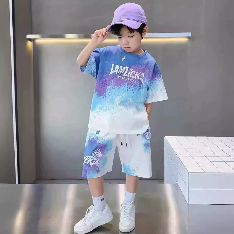 Boys Casual Summer Gradient T-Shirt and Shorts Set