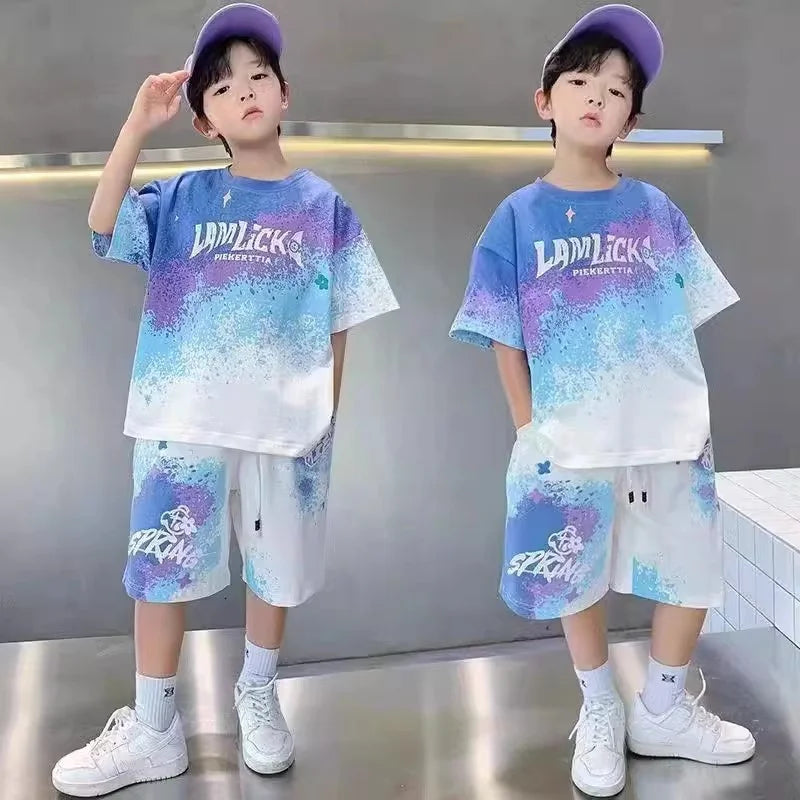 Boys Casual Summer Gradient T-Shirt and Shorts Set