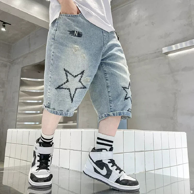 Boys Denim Shorts Blue Casual Knee Length Pants 5-14 Years