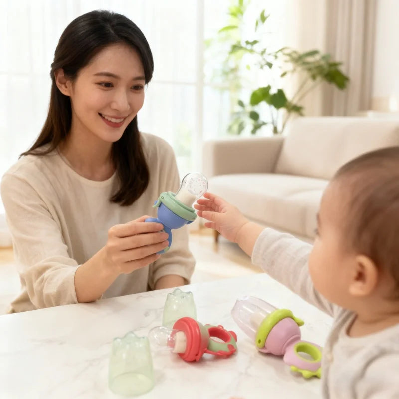 Cute animal rotating and pressing baby food dispenser, infant and toddler baby food pacifier, food-grade silicone fruit feeder,