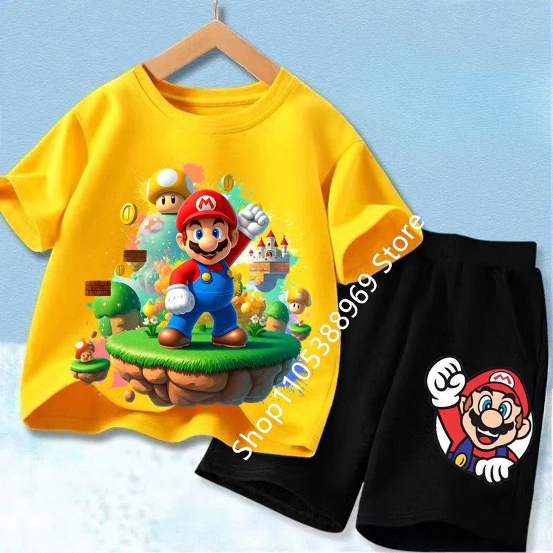 Summer Mario Print T-Shirt and Shorts Set for Kids