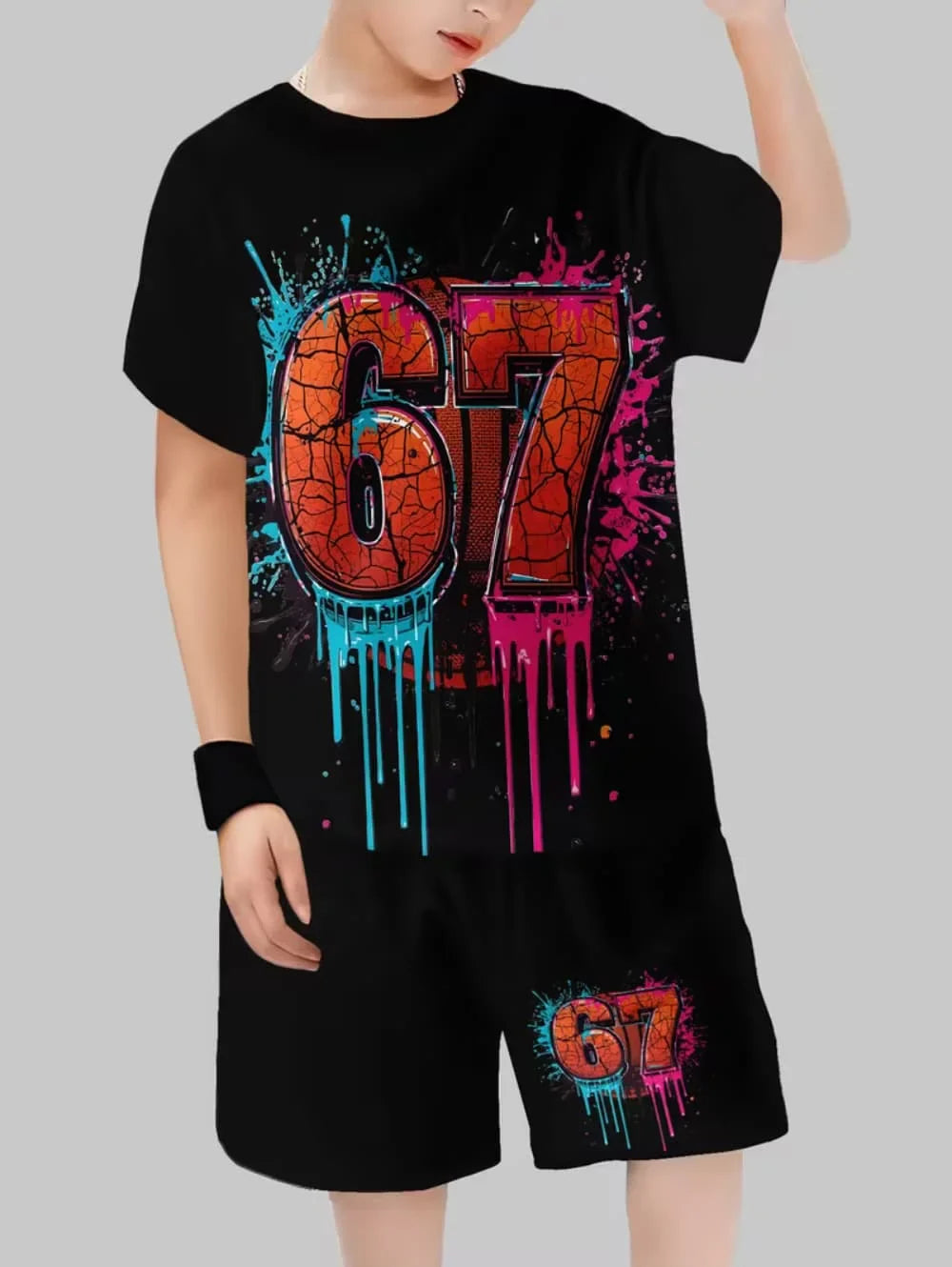 Kids Short Sleeved Suit 67 Number Print T-Shirt and Shorts Set