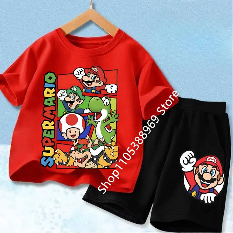 Summer Mario Print T-Shirt and Shorts Set for Kids