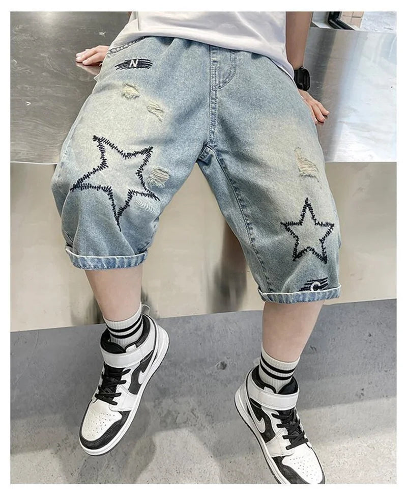 Boys Denim Shorts Blue Casual Knee Length Pants 5-14 Years