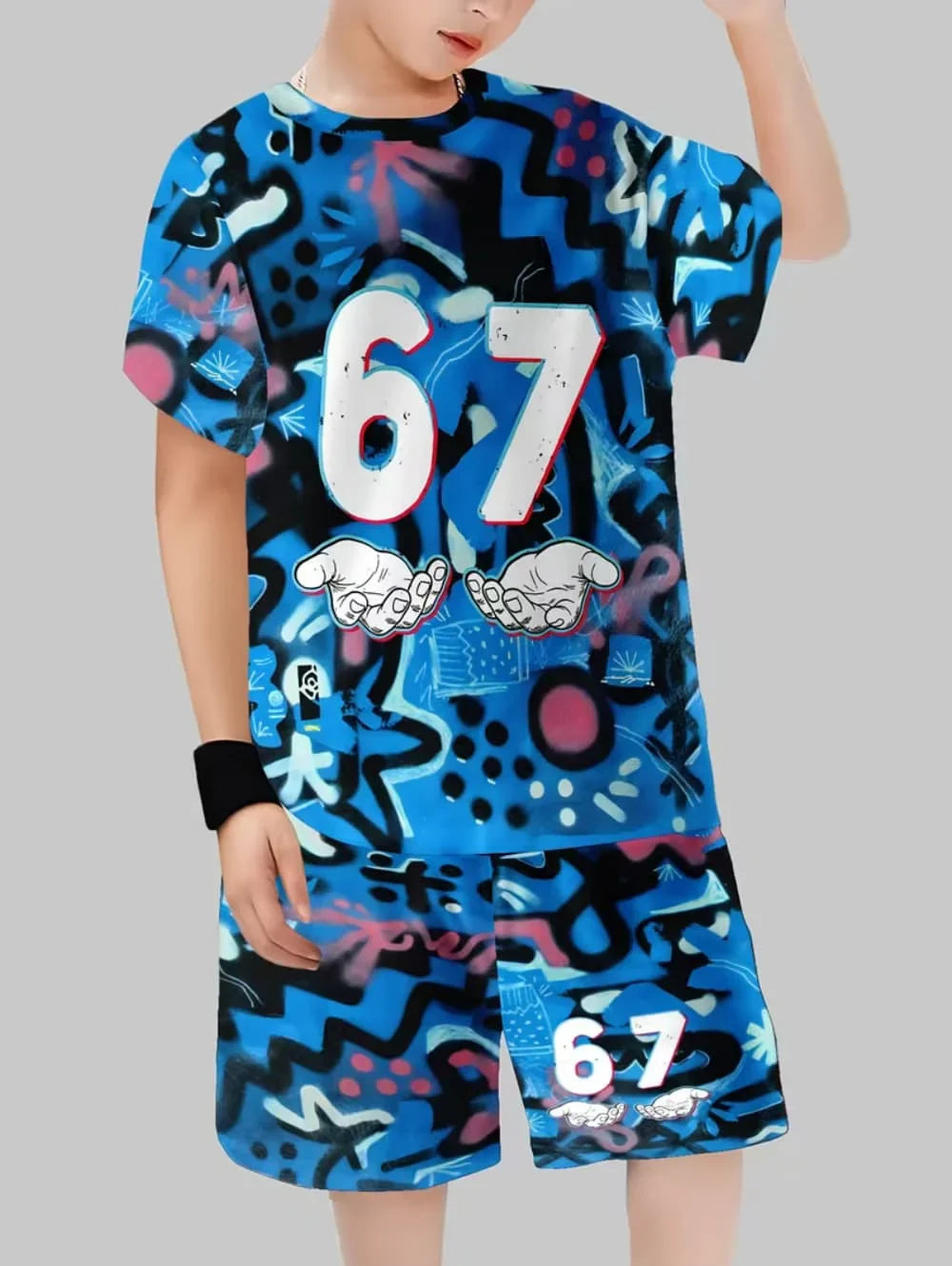 Kids Short Sleeved Suit 67 Number Print T-Shirt and Shorts Set