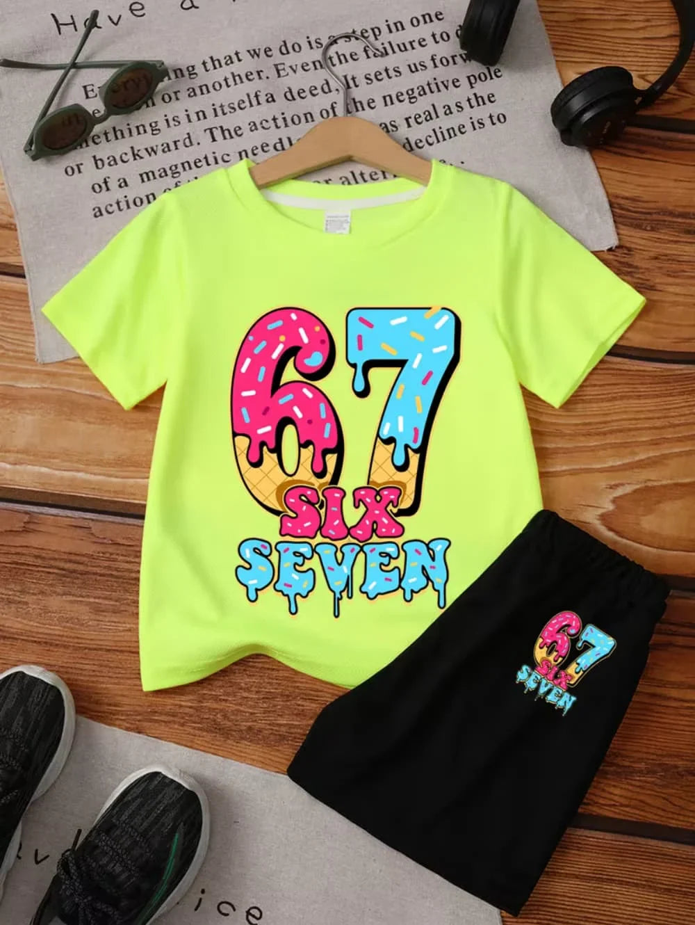 Kids Short Sleeved Suit 67 Number Print T-Shirt and Shorts Set