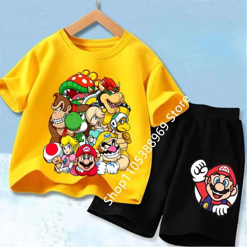 Summer Mario Print T-Shirt and Shorts Set for Kids