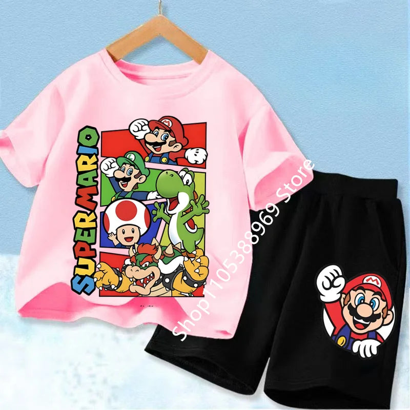 Summer Mario Print T-Shirt and Shorts Set for Kids