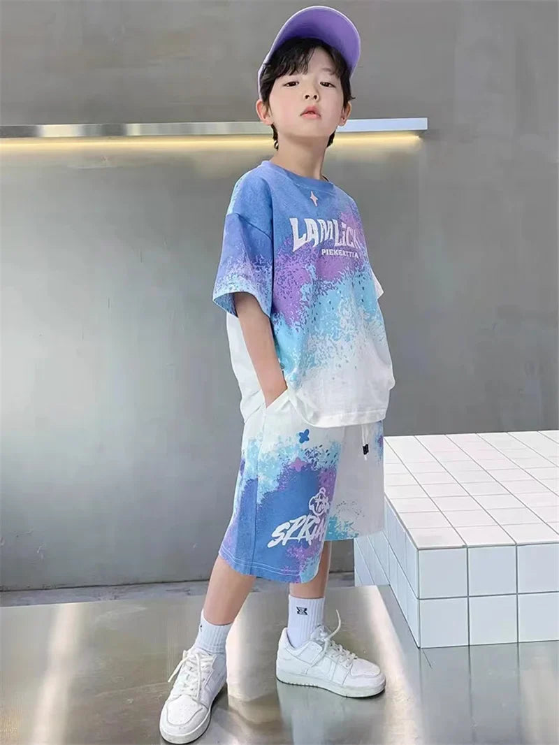 Boys Casual Summer Gradient T-Shirt and Shorts Set