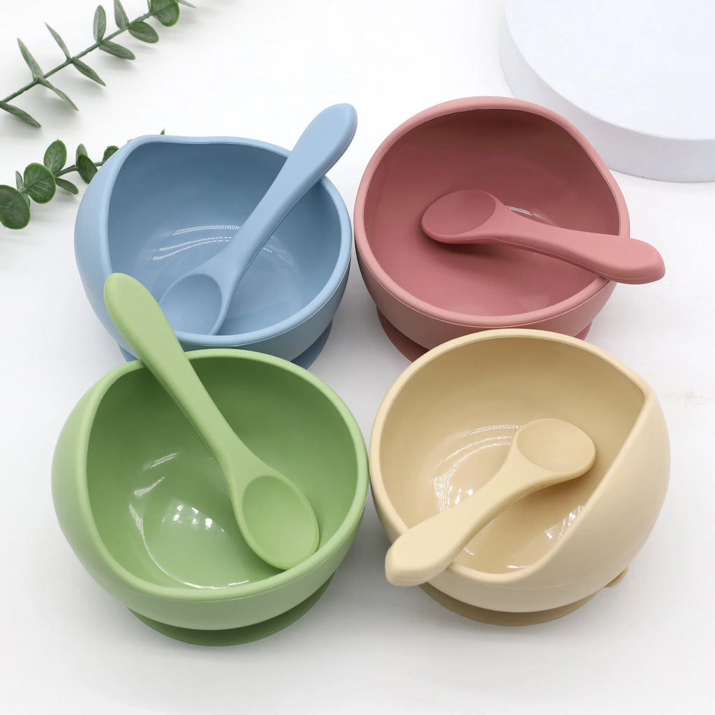 Baby silicone complementary food feeding bowl spoon set with suction cup for strong suction