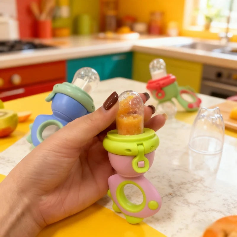 Cute animal rotating and pressing baby food dispenser, infant and toddler baby food pacifier, food-grade silicone fruit feeder,