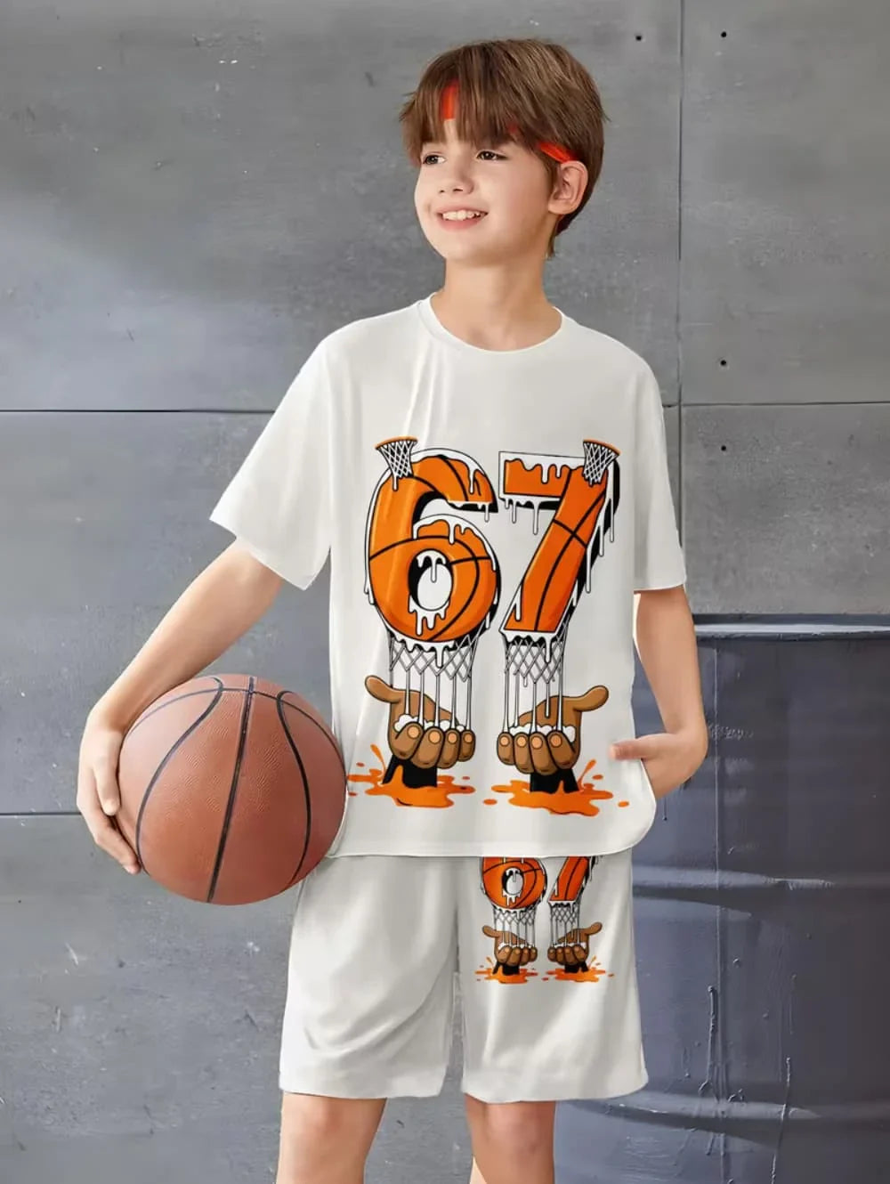 Kids Short Sleeved Suit 67 Number Print T-Shirt and Shorts Set