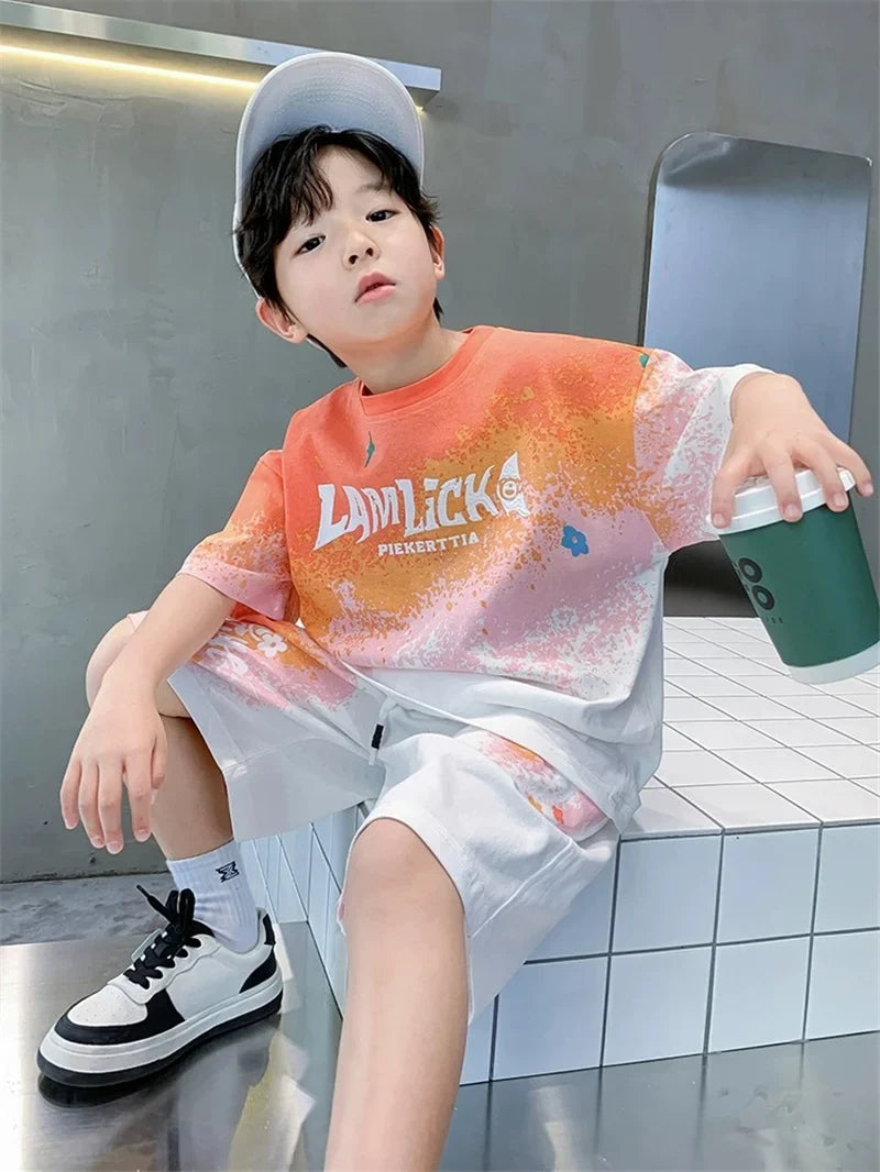Boys Casual Summer Gradient T-Shirt and Shorts Set