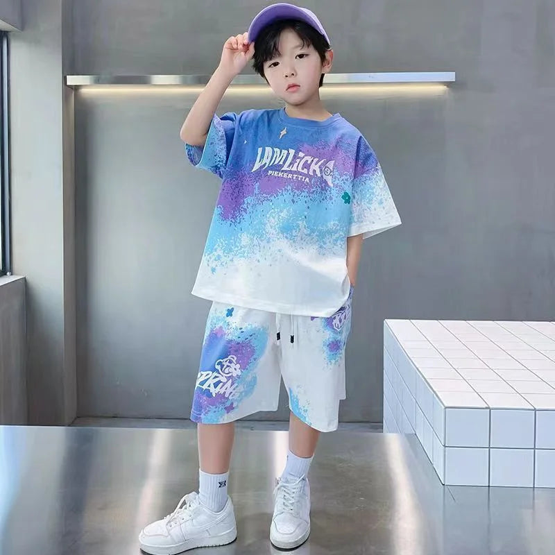 Boys Casual Summer Gradient T-Shirt and Shorts Set