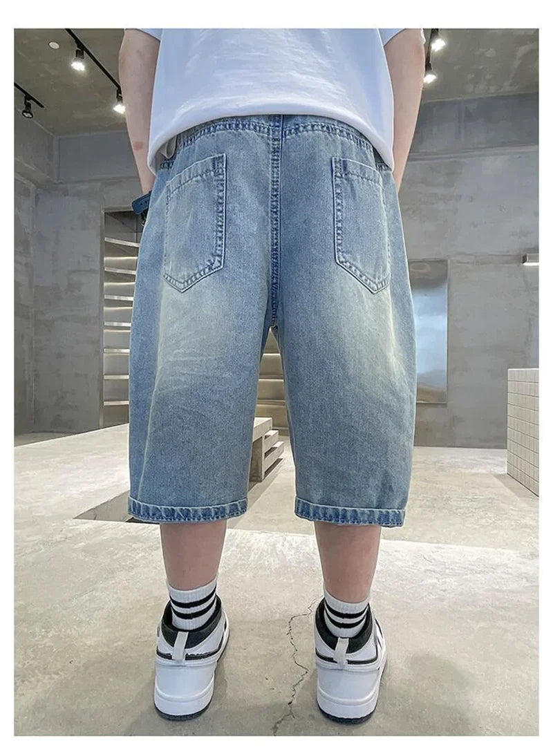 Boys Denim Shorts Blue Casual Knee Length Pants 5-14 Years