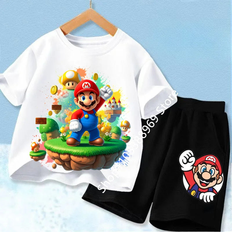 Summer Mario Print T-Shirt and Shorts Set for Kids