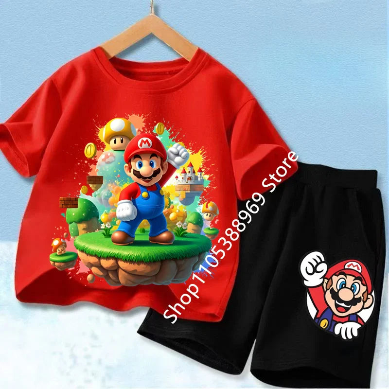 Summer Mario Print T-Shirt and Shorts Set for Kids